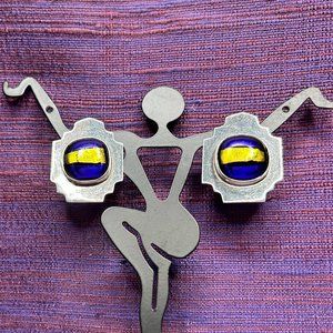 Sterling Custom Earrings with Blue & Yellow Molten Glass-Vintage Support Ukraine